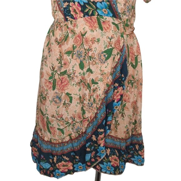 Ecowish Womens Medium Floral Boho Summer Wrap Dress Bohemian Peach Teal - Picture 2 of 5